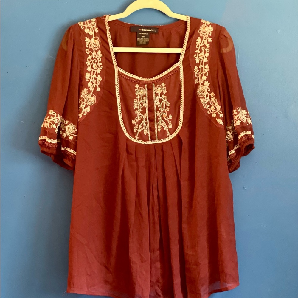 Denim 24/7 Womens Burgundy Embroidered Beaded Peasant Blouse Top 16W 30-4067-2